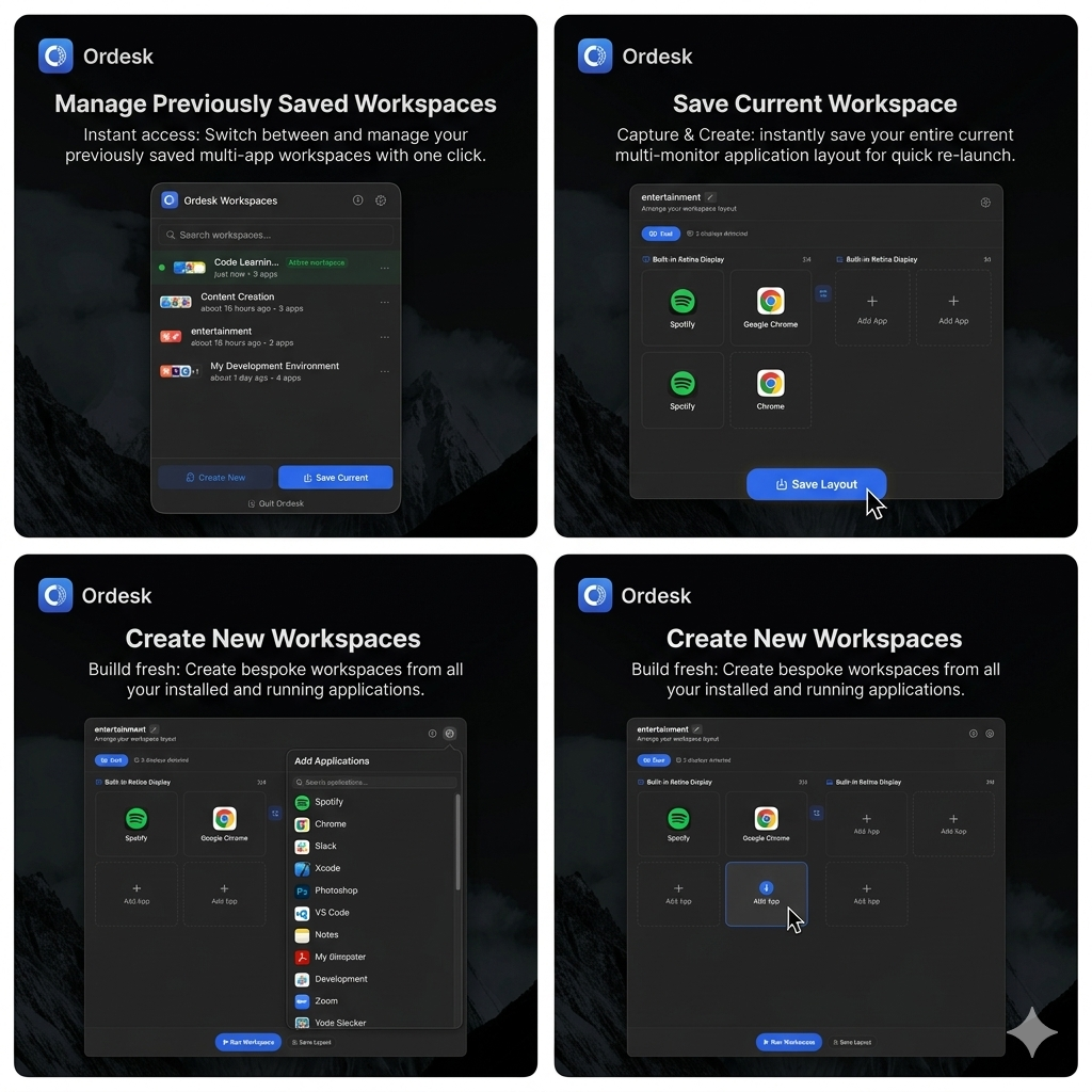 Ordesk feature overview - Manage, Save, and Create workspaces