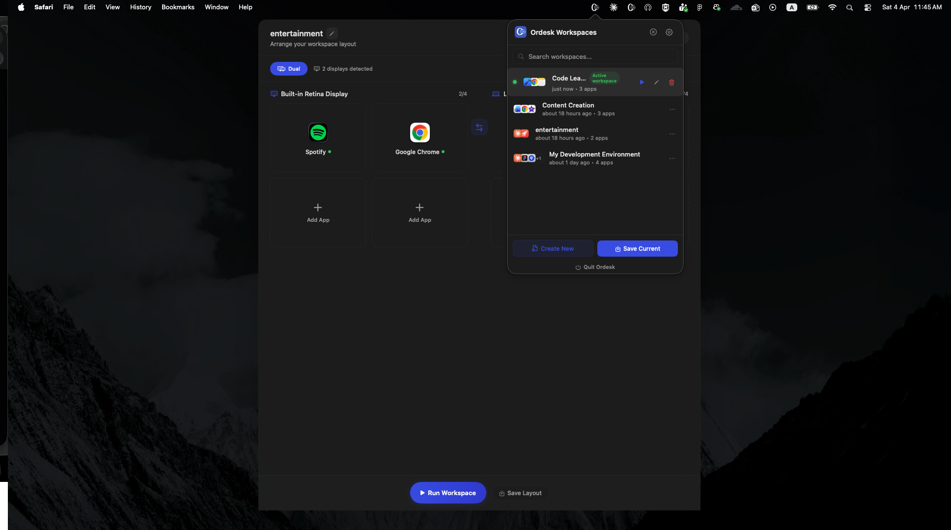 Ordesk popover with workspace list on desktop