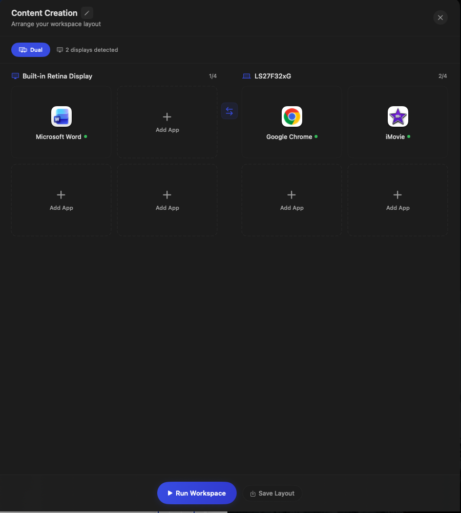 Workspace editor with dual display support