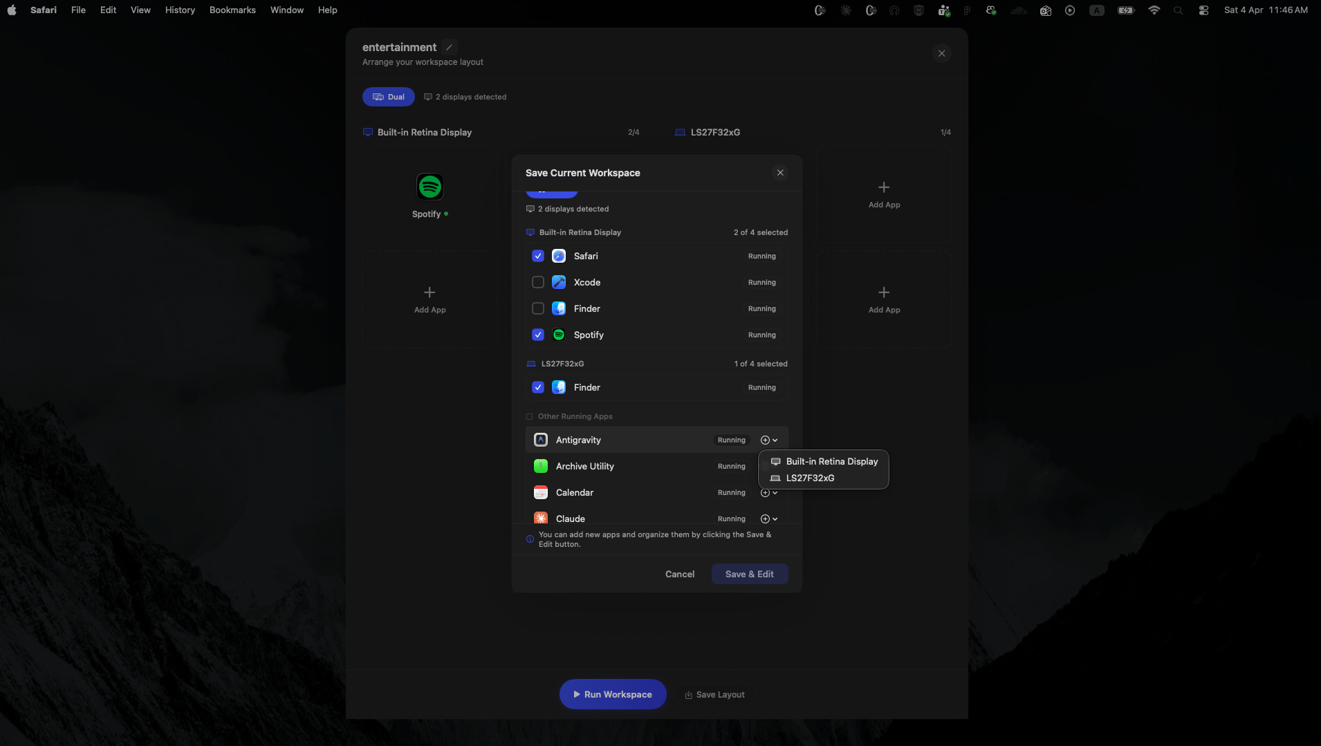 Save Current Workspace dialog showing running apps