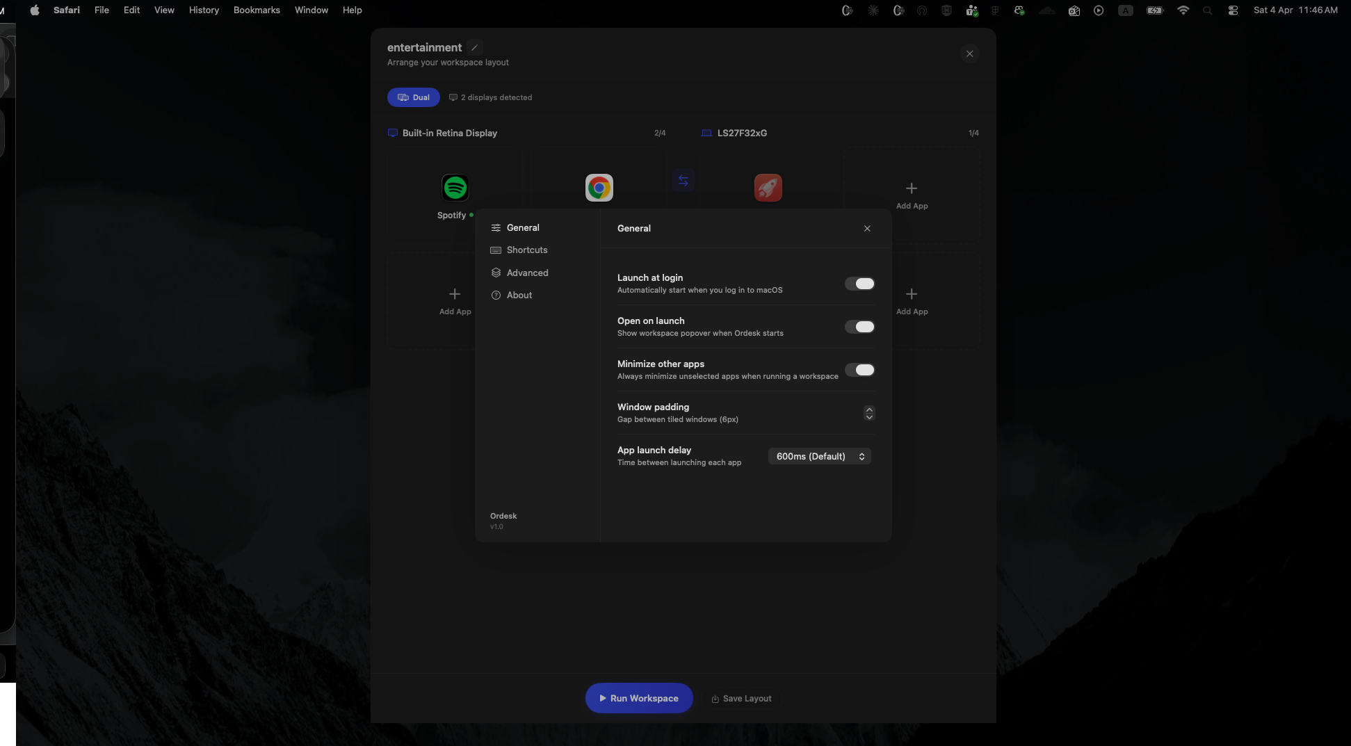 Ordesk settings panel
